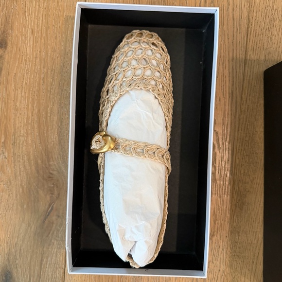 Larroude Beige Woven Flats with Gold Buckle - Picture 11 of 12